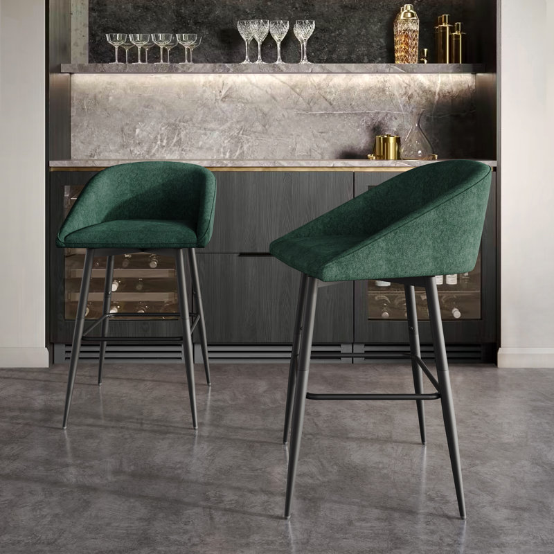 BLACK METAL SWIVEL COUNTER CHAIR IN GREEN CHENILLE, Green