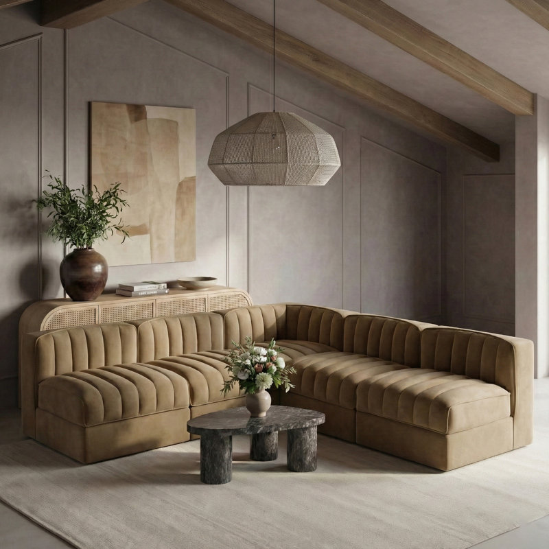 Tissu d'ameublement en velours Demars 5 pièces Canapé modulaire modulaire, Velours selle, 27" H x 92" W x 92" D