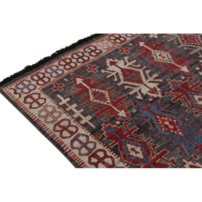 Caucasian Rug In Gray, Red & Blue Geometric Pattern By Rug & Kilim, Rectangle 4' x 5'