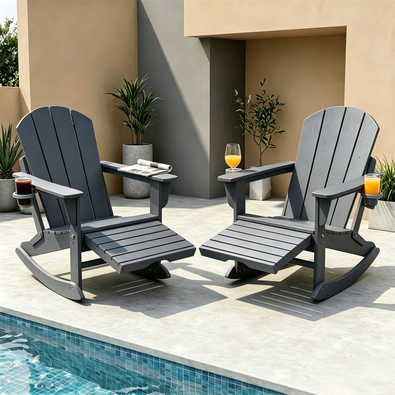 HDPE Foldable Adirondack Rocking Chairs with Retractable Ottoman (Set of 2), Gray