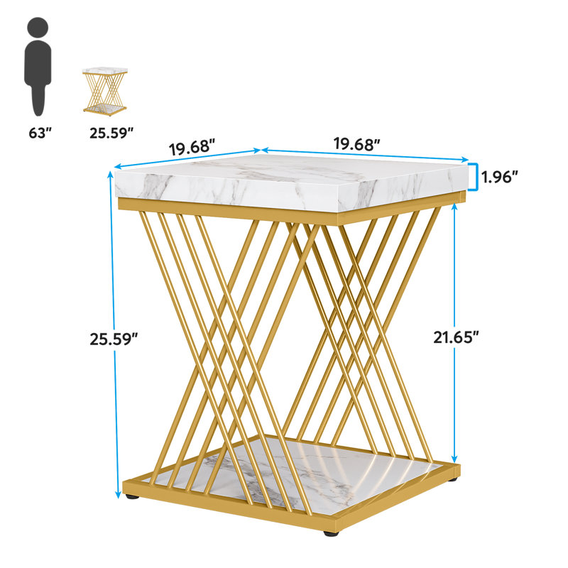 Ensemble de tables de bout carrées de 25,6 po de hauteur, White Top/Gold Base