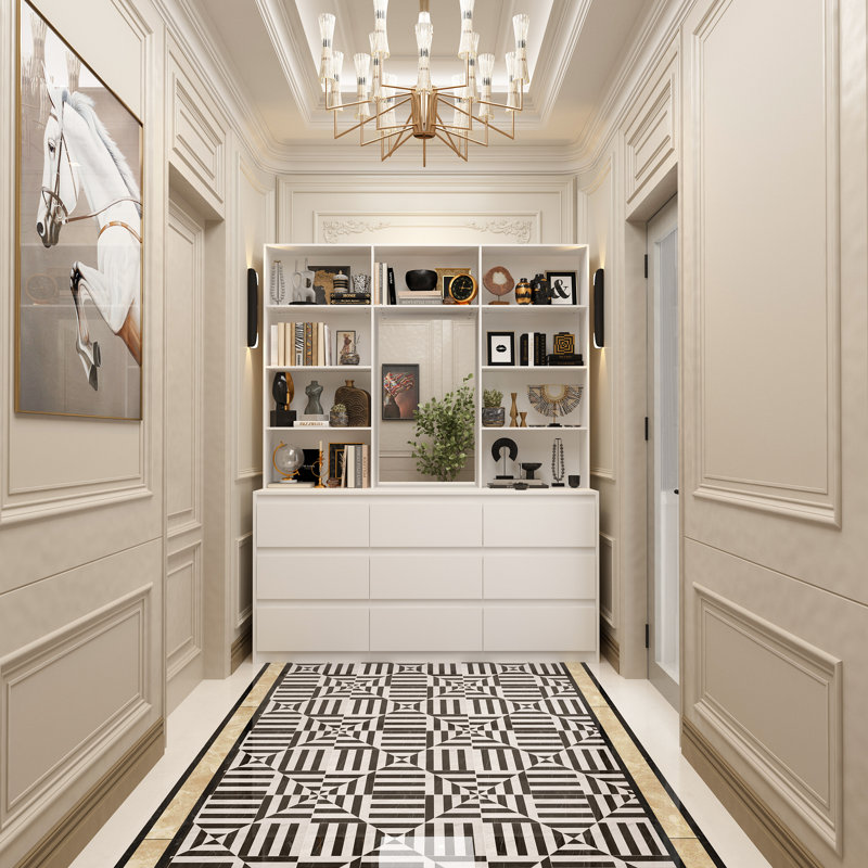 Élégante armoire décorative avec miroir intégré, grands tiroirs de rangement et tablettes ouvertes pour la présentation