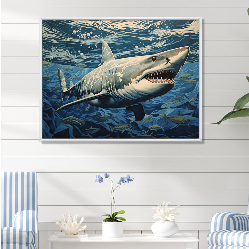 " Shark Echo Painting ", White Floater Framed, 34" H x 44" W x 1.5" D