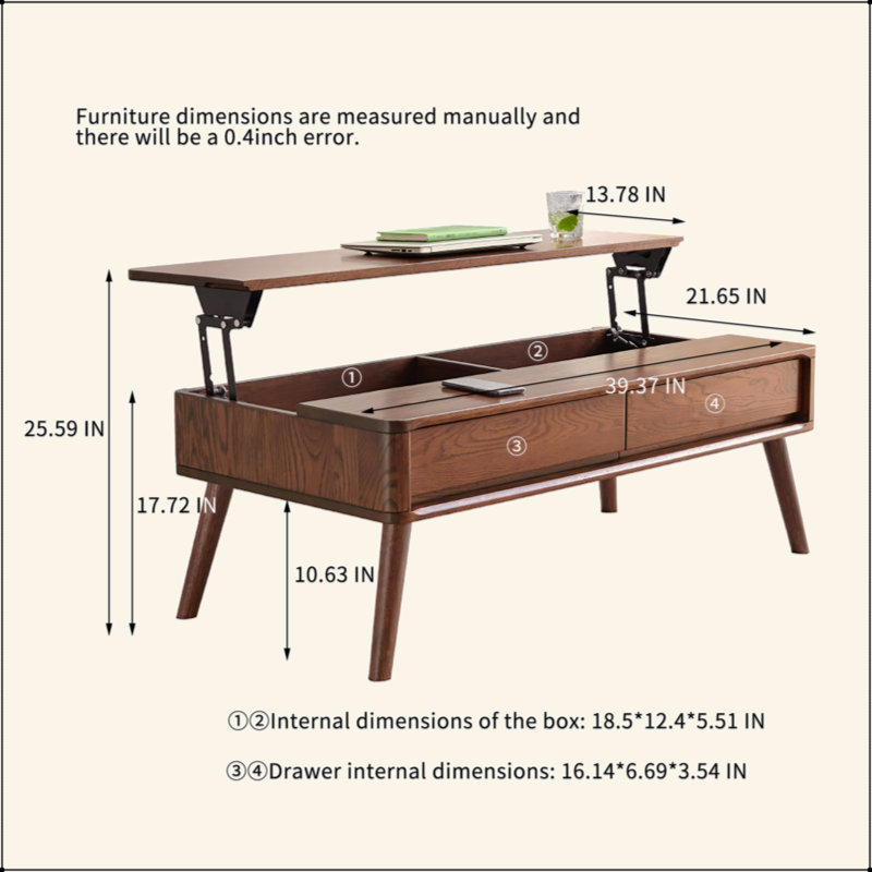 Table basse surélevée Table basse 100% bois de chêne massif avec plateau et plateau de table basse Largeur 100 x profondeur 60 x hauteur 45 cm Bureau d'étude Facile à assembler