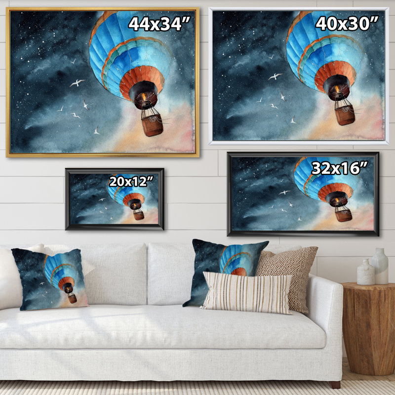 «Blue Air Balloon in Starry Night», peinture sur toile, H 30 po x l 40 po x P 1,5 po, Cadre flottant doré