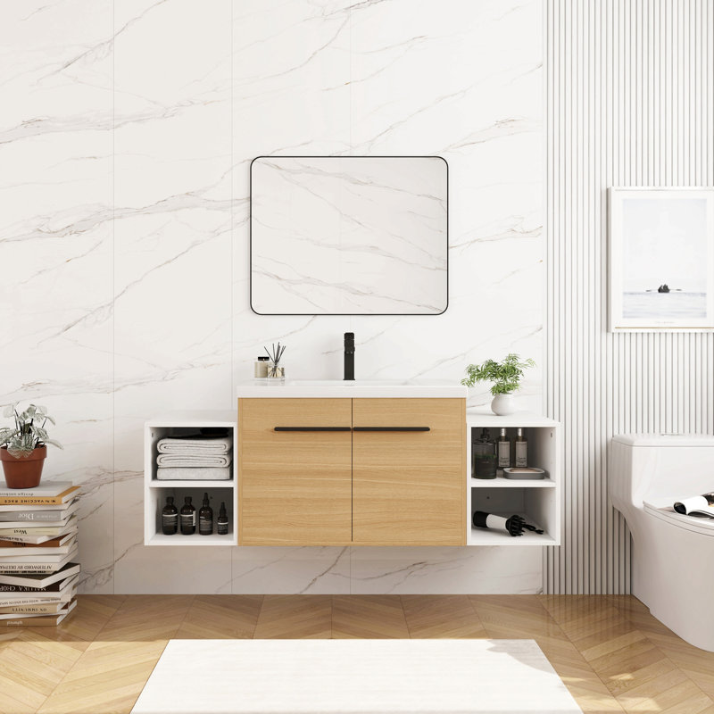 Meuble-lavabo mural 54 po avec lavabo de comptoir en résine et 2 tablettes de rangement, 2 portes à fermeture douce, L 54 po