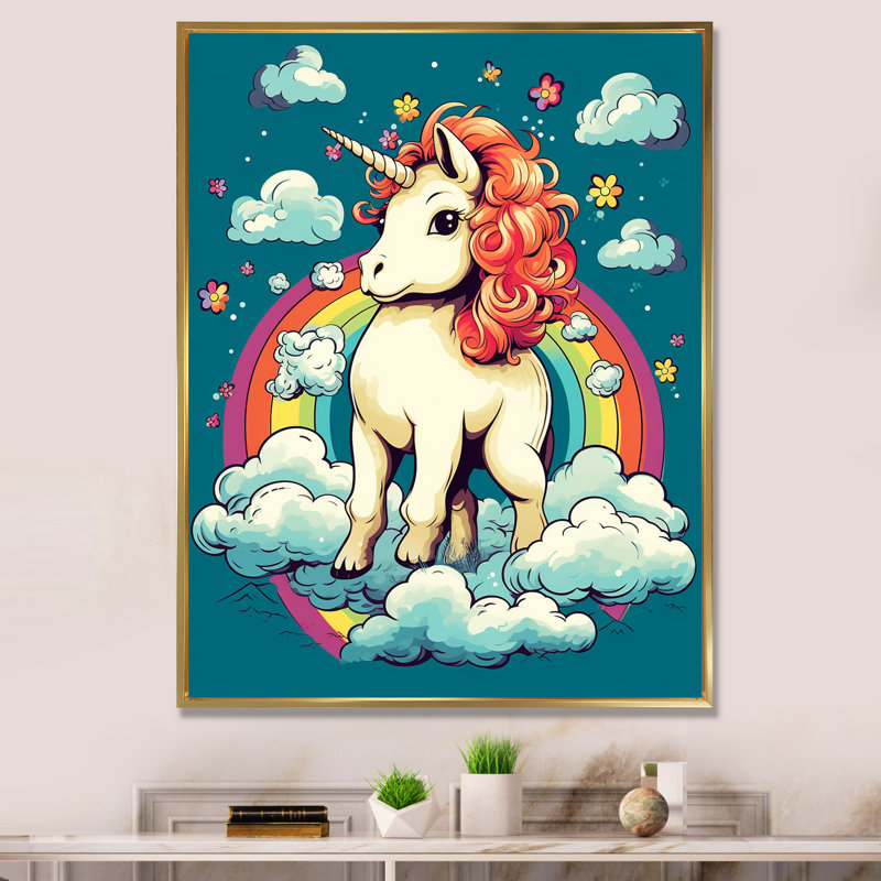 Adorable licorne et arc-en-ciel sur toile, 40" H x 30" W, Encadrement doré