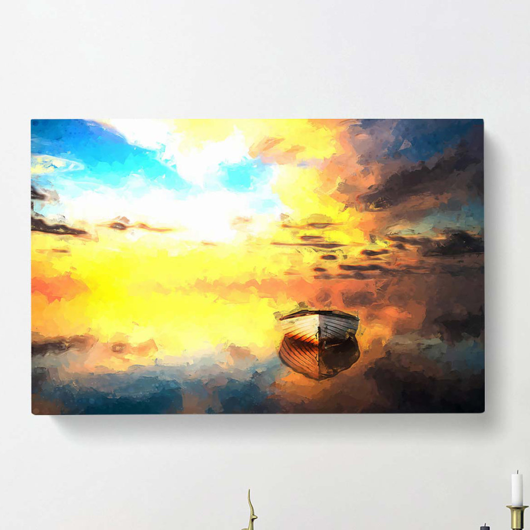 Boat upon a Lake During Sunrise in Abstract - Wrapped Canvas