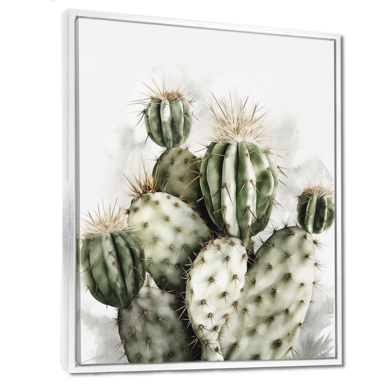 «Lincoln Desert Green Flower Cactus» sur toile, H 44 po x l 34 po, Cadre flottant blanc