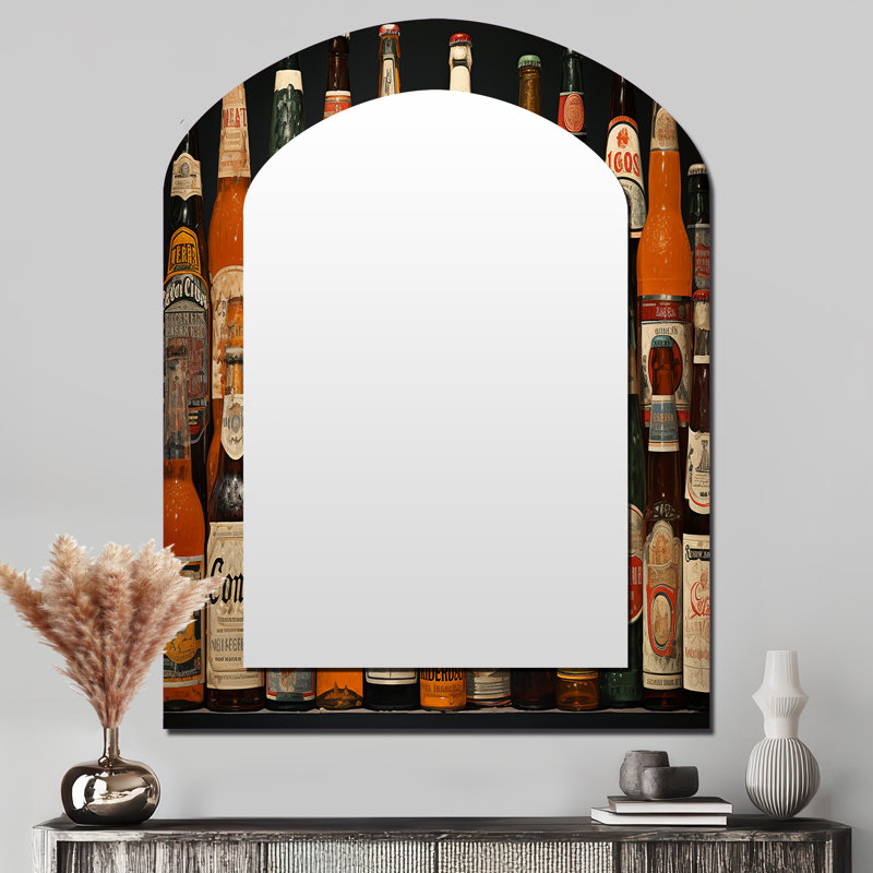 Beer Bottles Collage VIII - Beer Asymmetrical Decorative Wall Mirror, Traditional Arch Mirror, Printed Metal Art, 43" x 33"