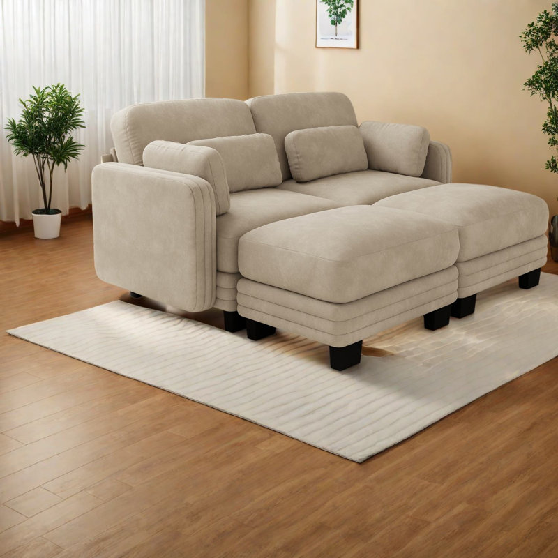 Canapé d'angle moderne à compression, canapé 2 places en chenille camel avec poufs - Maison