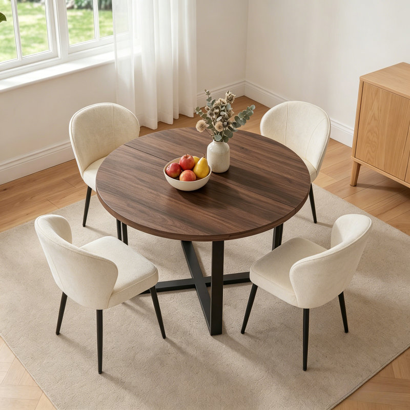43.3" Round Extendable Dining Table Set For 4, Mid-century Modern Walnut Finish Mdf Kitchen Table With Cross Base & Upholstered Chairs, Space-saving Dining Room Furniture Set
