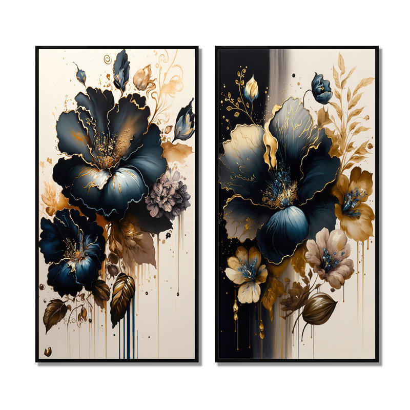 «Bleu foncé et hibiscus doré», 2 pièces sur toile, Cadre noir, H 32 po x l 32 po