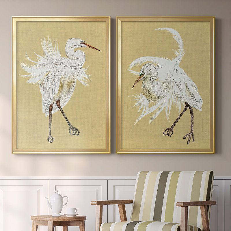 Heron Plumage V, ensemble de 2 reproductions de cadres rectangulaires sur toile, Encadrement doré