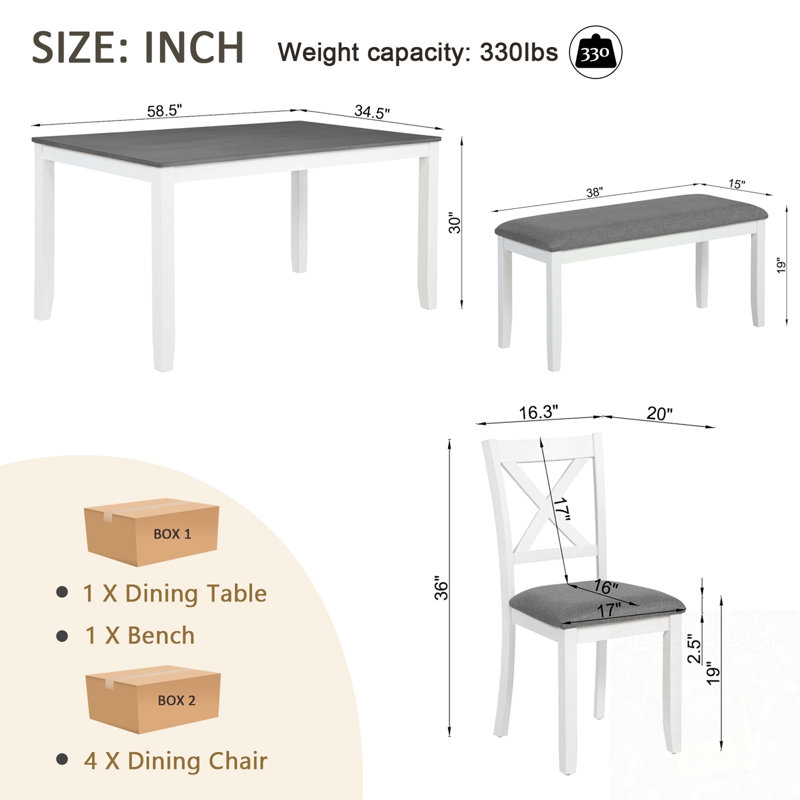 Caden Modern 6-Piece Wood Dining Table Set with Bench, White, Gray/White, Gray