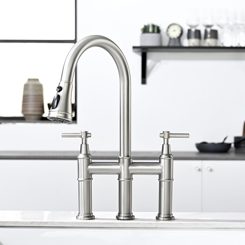 3 Hole Brushed Nickel Kitchen Faucet, Pull Down , 2 Handles, Classic And Modern Blend Faucet For Sink, Handle,