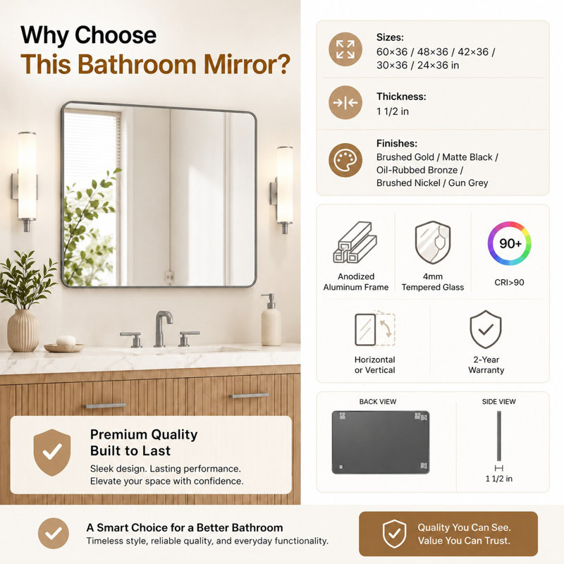 Leyat Modern Rectangle Metal Frame Wall Mirror for Bathroom, 60" x 36", Gray