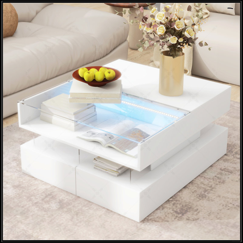 Table basse à plateau relevable avec 2 tiroirs, Blanc