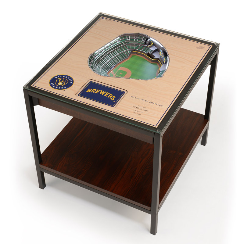 Glass Top End Table, 22.25" H x 22" W x 23" D, Beige/Green/Black, Milwaukee Brewers