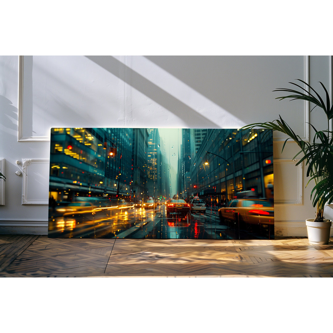 Bilder auf Leinwand 120x60cm Urban City Großstadt gelbe Taxis New York Regen