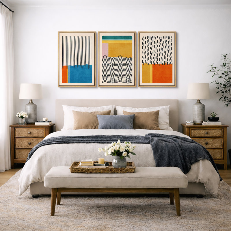 «Abstract Vibrant Color Blocks», œuvre d'art moderne de style Mid-Century, images murales multicolores géométriques, ensemble de 3 impressions sur toile encadrées