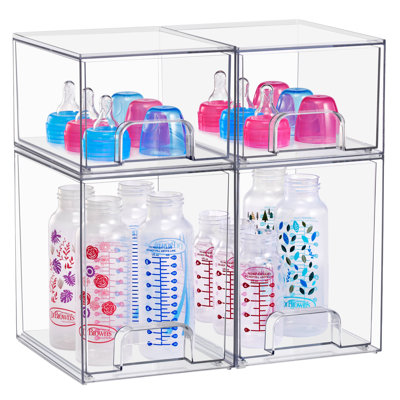 Tiroirs de rangement empilables en acrylique Sorbus, ensemble de 4 bacs de rangement en plastique transparent pour biberons, organisation de comptoir de maquillage, de salle de bain, de meuble-lavabo et de cuisine, conception de tiroir coulissant pour armoires et garde-manger, paquet de 4, petit / grand