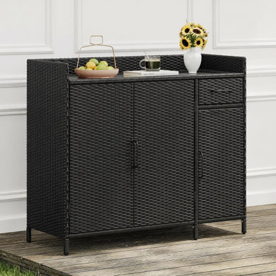 47.5" Wicker Outdoor Storage Cabinet With Tempered Glass Desktop, Weather-Proof Rattan Bar Table With Three Doors, Adjustable Shelf, And One Drawer, For Outdoor Cushions, Pool Toys , Black Brown