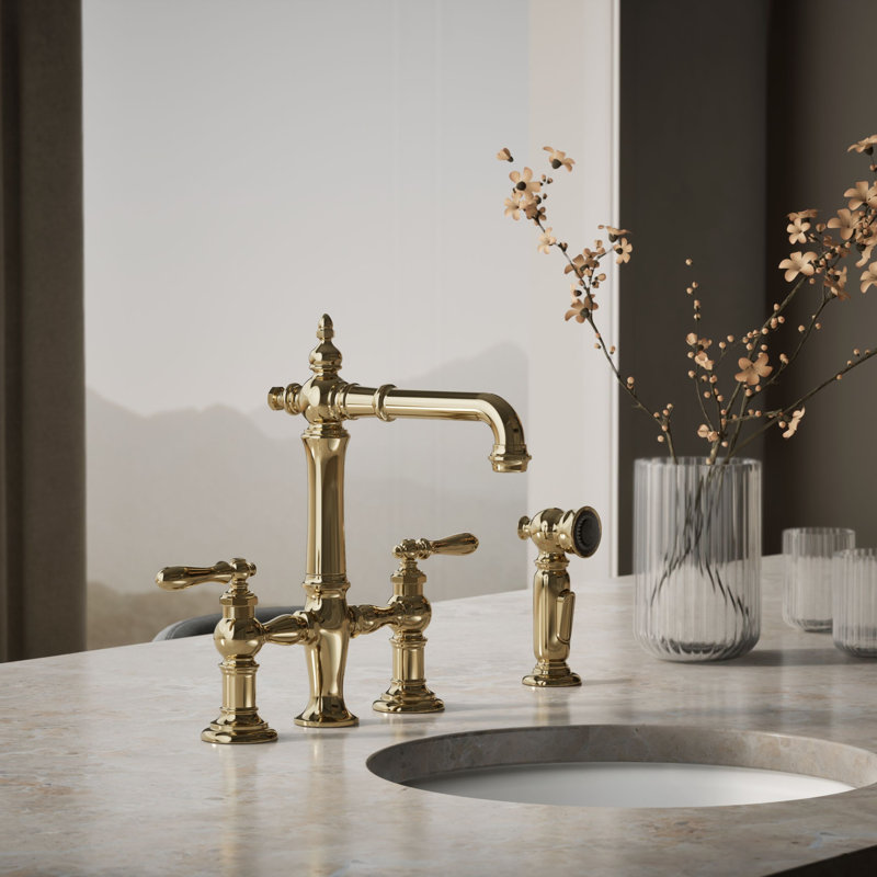 Artifacts® Bridge Faucet with Side Spray, Lever Handle, Vibrant French Gold