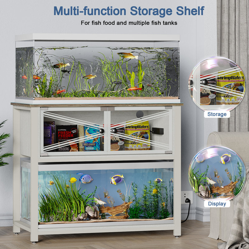 White Heavy Duty Metal Aquarium Stand with Storage Cabinet and LED Light