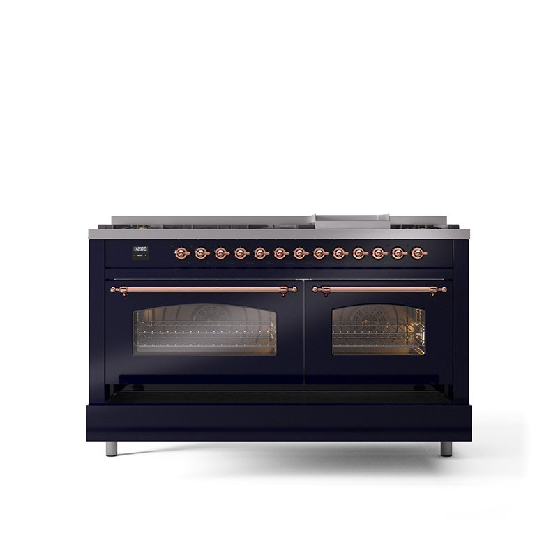 ILVE Nostalgie II 60 Dual Fuel Range, 9 Burners, Griddle, Liquid Propane, Midnight Blue/Copper