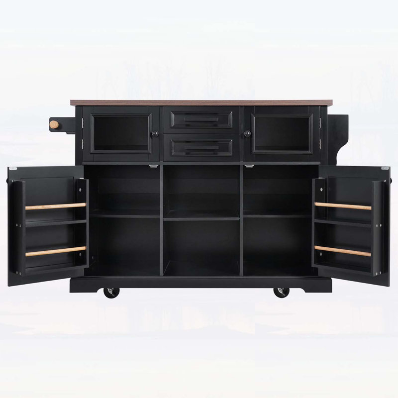 Rolling Kitchen Island with Drop Leaf,Power Outlet,and Ample Storage on Wheels for Modern Kitchens and Dining Rooms, Black