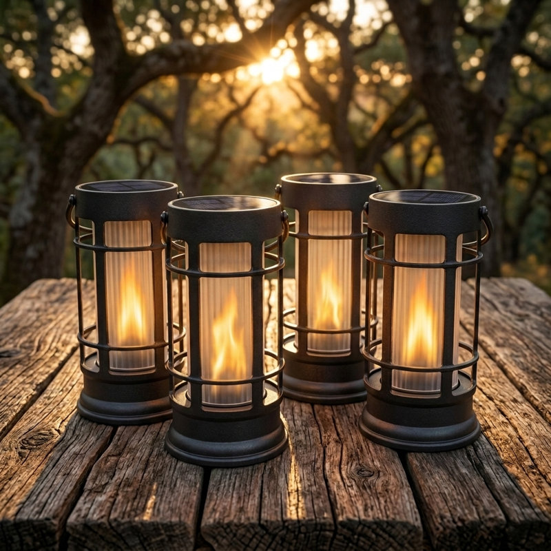 Foxflame Metal Outdoor Solar Lantern with Patented Realistic Flame, 4 pk
