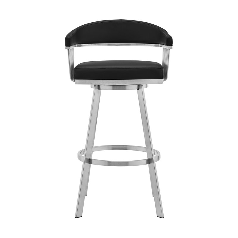 Tabouret pivotant en similicuir Robinett avec base et accoudoirs en métal, Noir, Acier inoxydable brossé