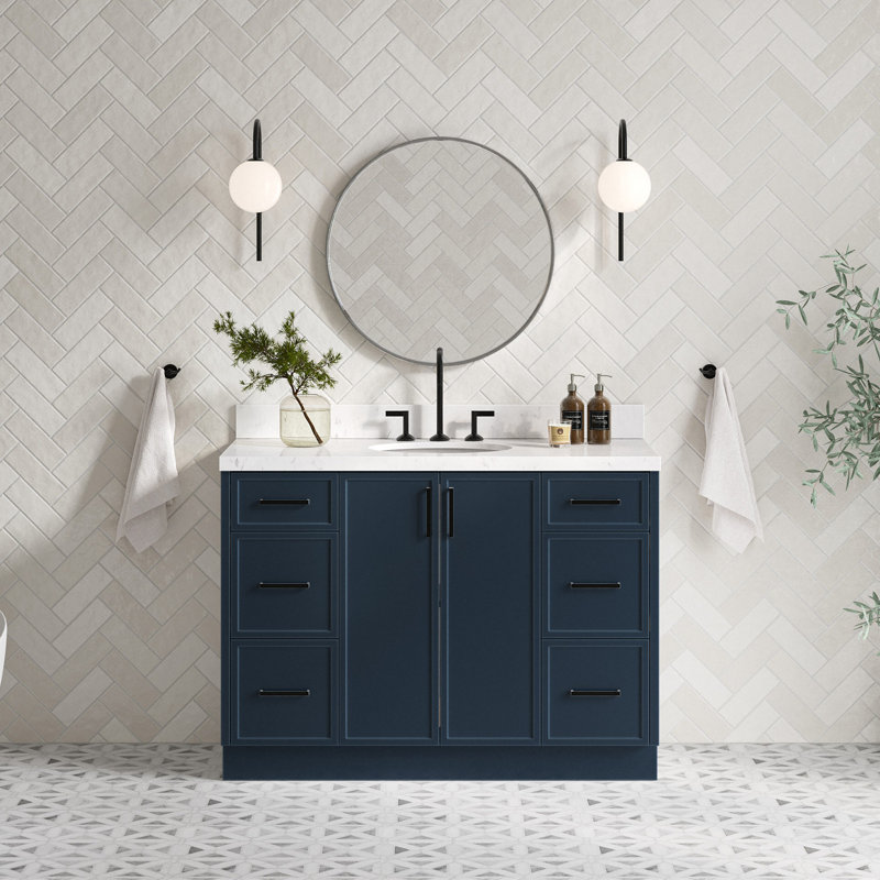 ARIEL Kelly 48 Single Sink Bathroom Vanity with Carrara Quartz Top, Midnight Blue, 48"
