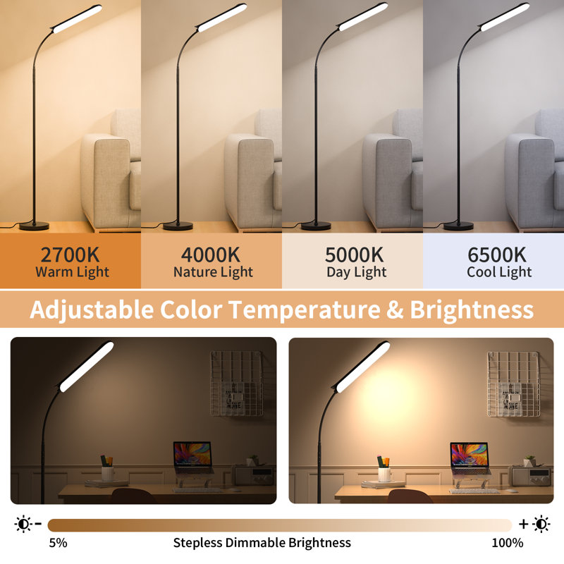 Lampe sur pied arquée 69 po avec télécommande réglable à col-de-cygne flexible à finition noire pour le salon et la chambre à coucher