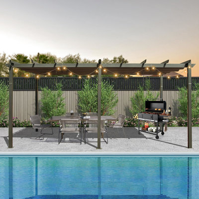 Pergola d'extérieur gris foncé 11 x 20 pi avec auvent. Structure en aluminium réglable et facile à assembler pour le patio et la piscine, résistant aux intempéries. Tissu décoloré. Deux réglables indépendants