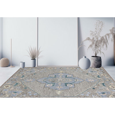 Bungalow Rose Handmade Beige/Blue Wool Area Rug