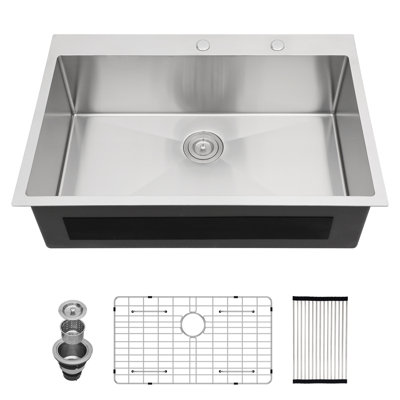 33'' L x 22" W Drop-In Stainless Steel Kitchen Sink Topmount Single Bowl Kitchen Sink with Two Faucet Holes