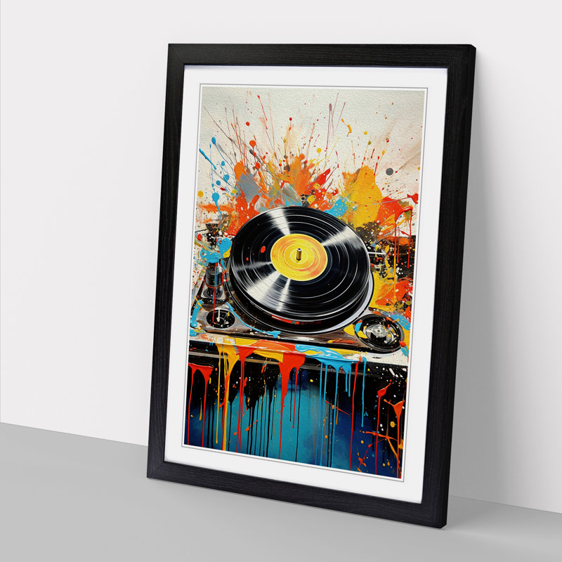 XYZ-FRM-V1223-5423 Record Player Action Painting - Single Picture Frame Print on Wood, 46cm H x 34cm W x 2cm D, Black