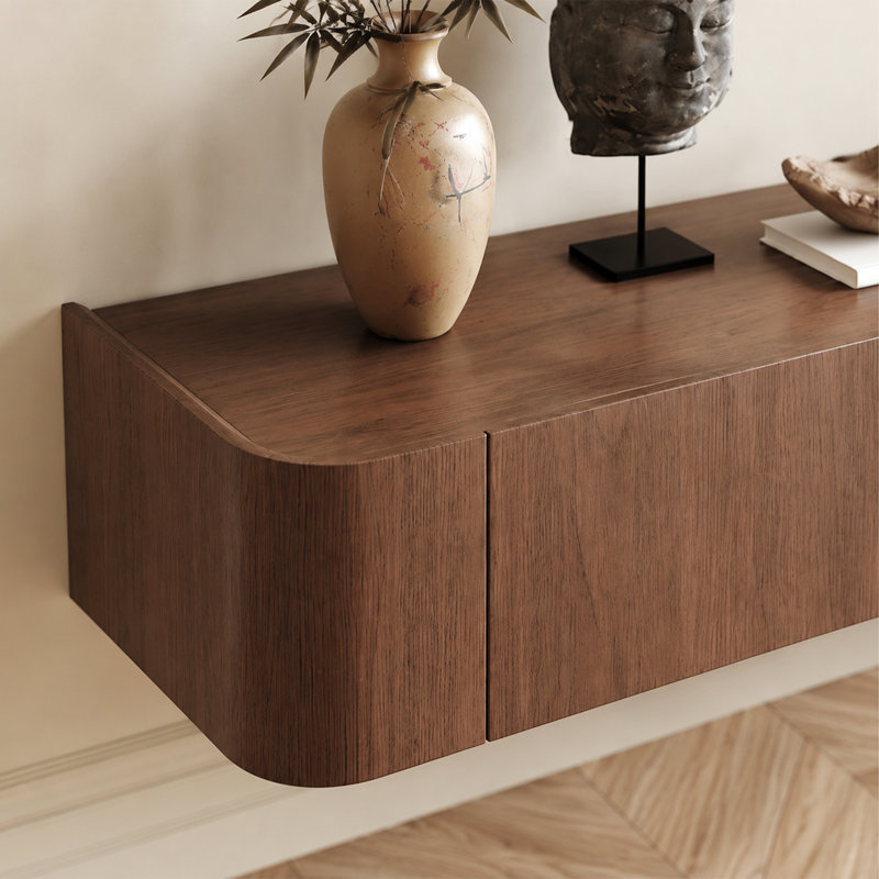 Console multimédia 71 po noyer flottant minimaliste moderne avec 3 armoires rabattables, meubles télé bruns pré-assemblés pour le salon