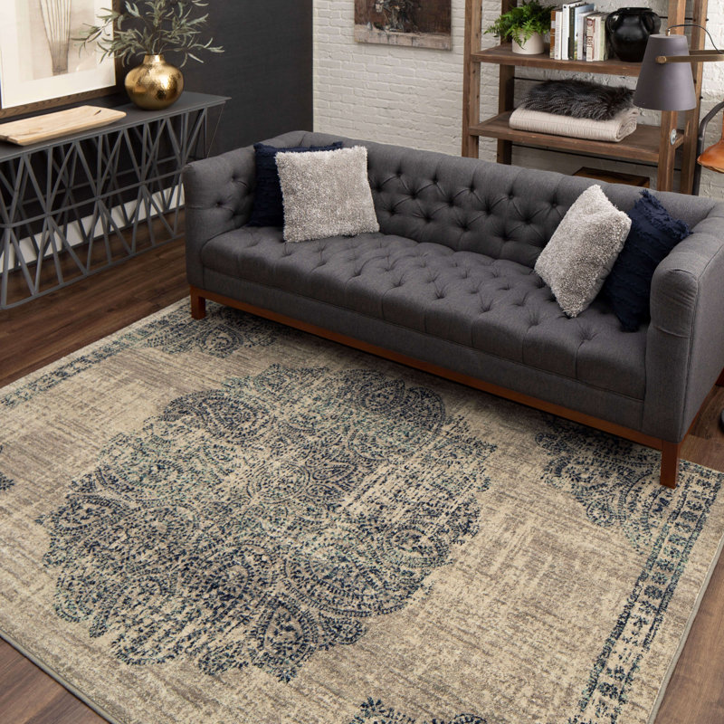 Gray and Beige Synthetic Medallion Stain-Resistant Area Rug