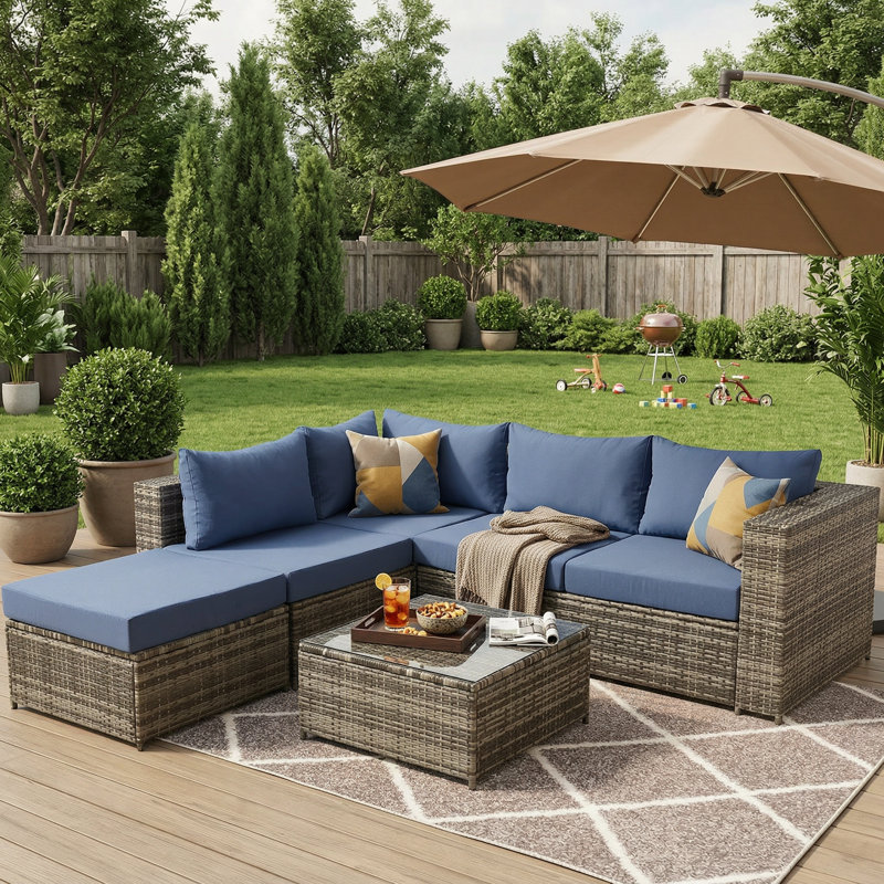 4-Person Outdoor Wicker Sectional Sofa Set With Cushions, Blue Cushion/Gray Frame