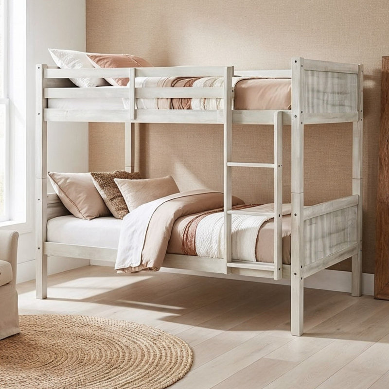 Appolon Twin Over Twin Solid Wood Bunk Bed with Fluted Panel Headboards, Pine