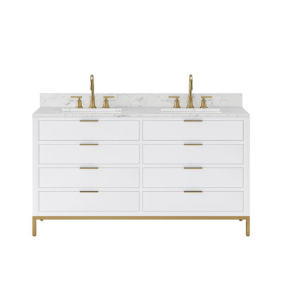 Bristol 60 In. Double Sink Carrara White Marble Countertop Bath Vanity In Pure White With Satin Gold Gooseneck Faucets
