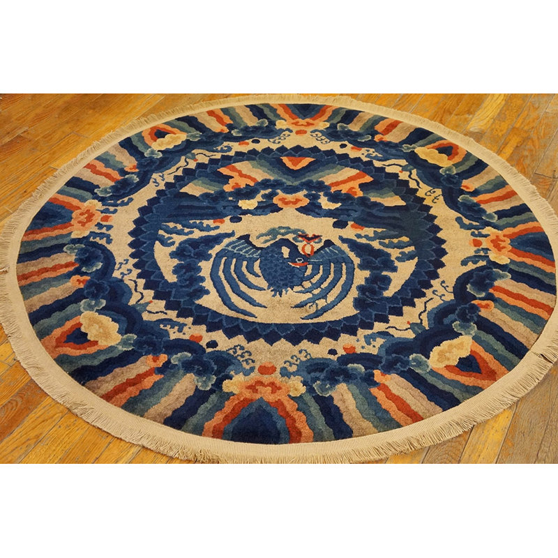 Chinese Round Blue Knotted Wool 1900s - Peking Antique Small Scatter Size Rug