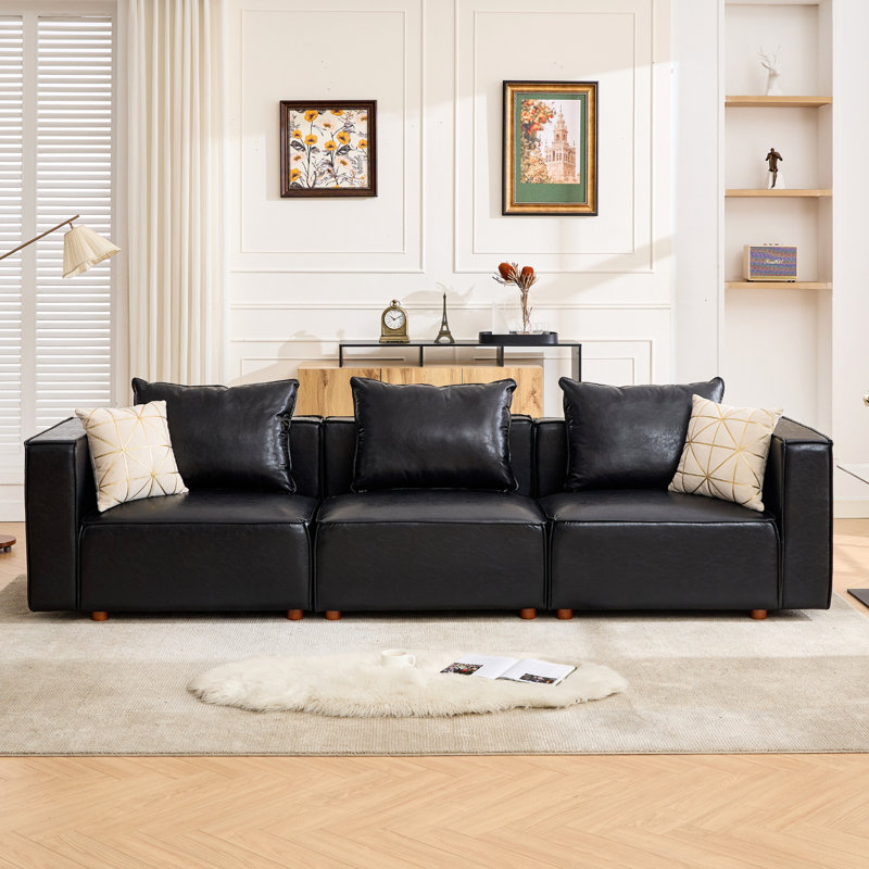 118.5” Leather Upholstered Oversized Seating Sofa With Reversible Cushions, Black