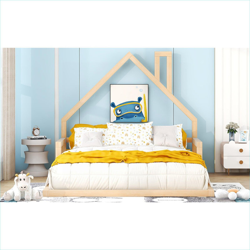 Solid Wood Natural Wood Tone Full Size Platform Bed With House-Shaped Headboard For Bedroom Use