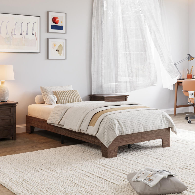 Structure de lit simple en bois naturel avec des lattes solides, design minimaliste, aucun sommier tapissier requis, Brun