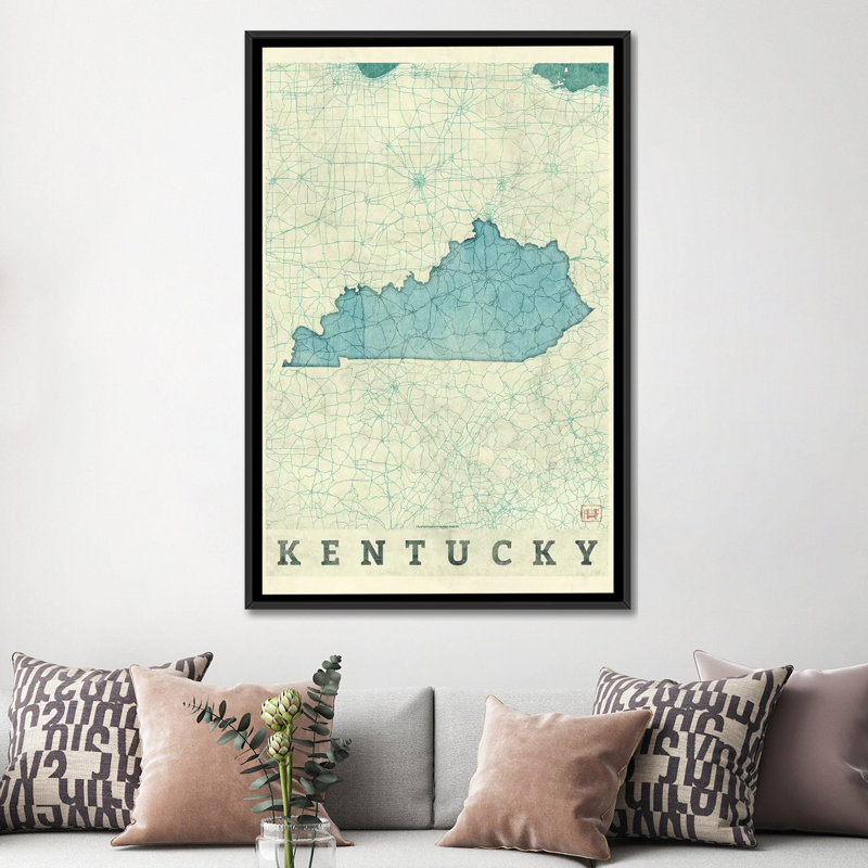 «Kentucky Map», impression sur toile, H 26 po x l 18 po x P 1,5 po, Toile avec cadre noir, Pas de tapis
