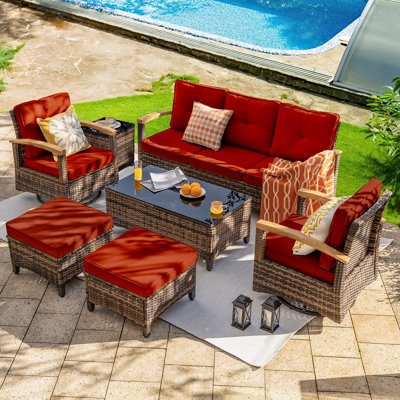 Meissalivve 7 Pieces Patio Furniture Sets,Wicker Patio Conversation Sets With 2 Wood Armrests Swivel Glide Chairs, 2 Ottoman, 3-Seat Sofa And Coffee Table (Red)